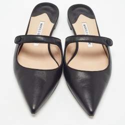 Pre Owned Manolo Blahnik Black Leather Camparimu Flat Mules Size 38.5