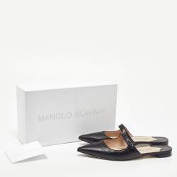 Pre Owned Manolo Blahnik Black Leather Camparimu Flat Mules Size 38.5