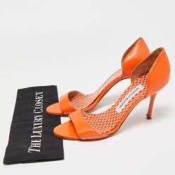 Pre Owned Manolo Blahnik Orange Leather Chaos Slide Sandals Size 37.5