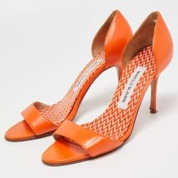 Pre Owned Manolo Blahnik Orange Leather Chaos Slide Sandals Size 37.5