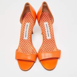 Pre Owned Manolo Blahnik Orange Leather Chaos Slide Sandals Size 37.5