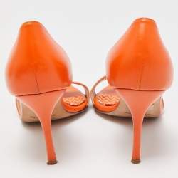 Pre Owned Manolo Blahnik Orange Leather Chaos Slide Sandals Size 37.5