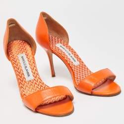 Pre Owned Manolo Blahnik Orange Leather Chaos Slide Sandals Size 37.5