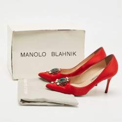 Pre Owned Manolo Blahnik Red Satin Leona Pumps Size 39