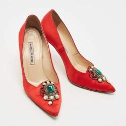 Pre Owned Manolo Blahnik Red Satin Leona Pumps Size 39