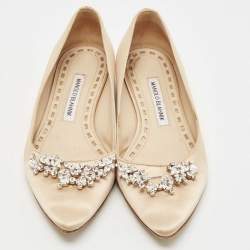 Pre Owned Manolo Blahnik Beige Satin Lurum Ballet Flats Size 37
