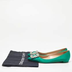 Pre Owned Manolo Blahnik Green Satin Hangisi Crystal Embellished Ballet Flats Size 36.5