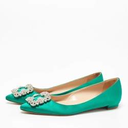 Pre Owned Manolo Blahnik Green Satin Hangisi Crystal Embellished Ballet Flats Size 36.5