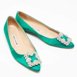 Pre Owned Manolo Blahnik Green Satin Hangisi Crystal Embellished Ballet Flats Size 36.5