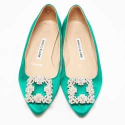Pre Owned Manolo Blahnik Green Satin Hangisi Crystal Embellished Ballet Flats Size 36.5