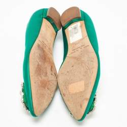 Pre Owned Manolo Blahnik Green Satin Hangisi Crystal Embellished Ballet Flats Size 36.5