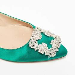 Pre Owned Manolo Blahnik Green Satin Hangisi Crystal Embellished Ballet Flats Size 36.5