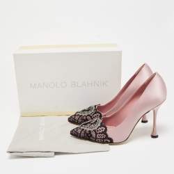 Pre Owned Manolo Blahnik Pink/Black Satin and Lace Gerontiushi Pumps Size 39