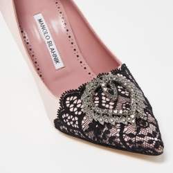 Pre Owned Manolo Blahnik Pink/Black Satin and Lace Gerontiushi Pumps Size 39