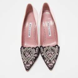Pre Owned Manolo Blahnik Pink/Black Satin and Lace Gerontiushi Pumps Size 39