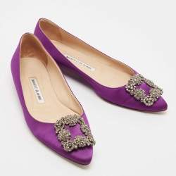Pre Owned Manolo Blahnik Purple Satin Hangisi Ballet Flats Size 37.5