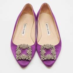 Pre Owned Manolo Blahnik Purple Satin Hangisi Ballet Flats Size 37.5
