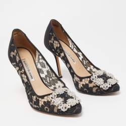 Pre Owned Manolo Blahnik Black Lace And Mesh Hangisi Pumps Size 37