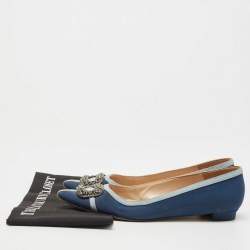 Pre Owned Manolo Blahnik Blue Satin Gotrian Crystal Embellished Pointed Toe Ballet Flats Size 40.5