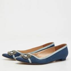 Pre Owned Manolo Blahnik Blue Satin Gotrian Crystal Embellished Pointed Toe Ballet Flats Size 40.5