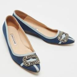 Pre Owned Manolo Blahnik Blue Satin Gotrian Crystal Embellished Pointed Toe Ballet Flats Size 40.5