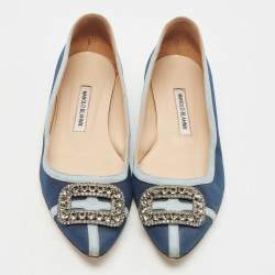 Pre Owned Manolo Blahnik Blue Satin Gotrian Crystal Embellished Pointed Toe Ballet Flats Size 40.5