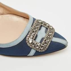 Pre Owned Manolo Blahnik Blue Satin Gotrian Crystal Embellished Pointed Toe Ballet Flats Size 40.5