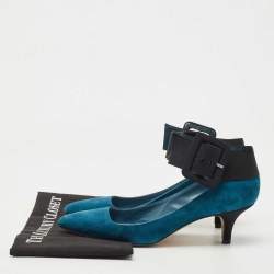 Pre Owned Manolo Blahnik Teal Blue/Black Suede and Fabric Ankle Strap Pumps Size 38.5