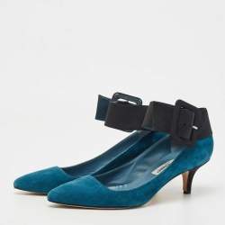 Pre Owned Manolo Blahnik Teal Blue/Black Suede and Fabric Ankle Strap Pumps Size 38.5