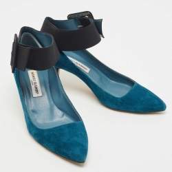 Pre Owned Manolo Blahnik Teal Blue/Black Suede and Fabric Ankle Strap Pumps Size 38.5