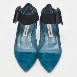 Pre Owned Manolo Blahnik Teal Blue/Black Suede and Fabric Ankle Strap Pumps Size 38.5