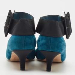 Pre Owned Manolo Blahnik Teal Blue/Black Suede and Fabric Ankle Strap Pumps Size 38.5