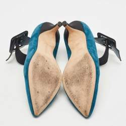 Pre Owned Manolo Blahnik Teal Blue/Black Suede and Fabric Ankle Strap Pumps Size 38.5