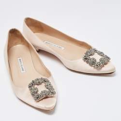 Pre Owned Manolo Blahnik Beige Satin Hangisi Ballet Flats Size 39.5