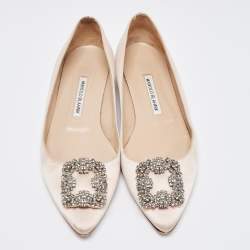 Pre Owned Manolo Blahnik Beige Satin Hangisi Ballet Flats Size 39.5