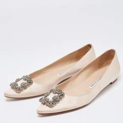 Pre Owned Manolo Blahnik Beige Satin Hangisi Ballet Flats Size 39.5