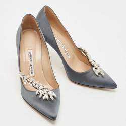 Pre Owned Manolo Blahnik Grey Satin Nadira Pumps Size 37