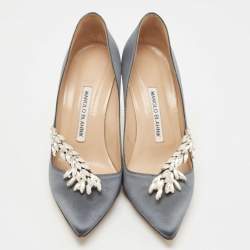 Pre Owned Manolo Blahnik Grey Satin Nadira Pumps Size 37