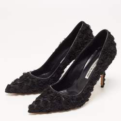 Pre Owned Manolo Blahnik Black Floral Lace Pointed Toe Pumps Size 39