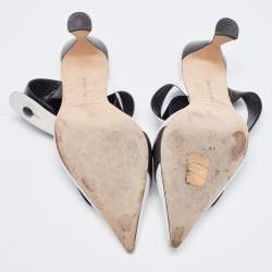 Pre Owned Manolo Blahnik White/Black Leather Ankle Wrap Pumps Size 38