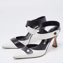 Pre Owned Manolo Blahnik White/Black Leather Ankle Wrap Pumps Size 38