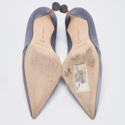 Pre Owned Manolo Blahnik Grey Satin Crystal Embellished Mary Jane Pointed Toe Pumps Size 38.5
