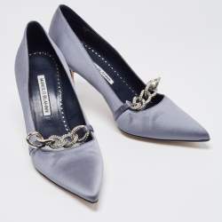 Pre Owned Manolo Blahnik Grey Satin Crystal Embellished Mary Jane Pointed Toe Pumps Size 38.5