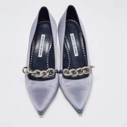 Pre Owned Manolo Blahnik Grey Satin Crystal Embellished Mary Jane Pointed Toe Pumps Size 38.5