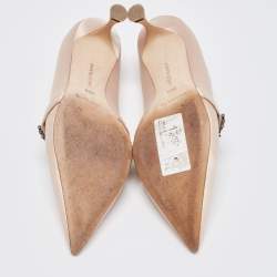 Pre Owned Manolo Blahnik Beige Satin Crystal Embellished Mary Jane Pointed Toe Pumps Size 38.5