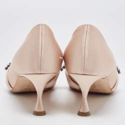 Pre Owned Manolo Blahnik Beige Satin Crystal Embellished Mary Jane Pointed Toe Pumps Size 38.5