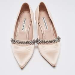 Pre Owned Manolo Blahnik Beige Satin Crystal Embellished Mary Jane Pointed Toe Pumps Size 38.5