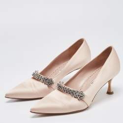 Pre Owned Manolo Blahnik Beige Satin Crystal Embellished Mary Jane Pointed Toe Pumps Size 38.5