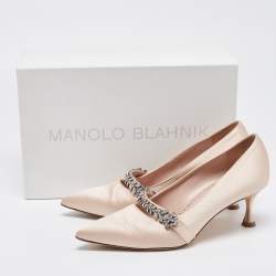 Pre Owned Manolo Blahnik Beige Satin Crystal Embellished Mary Jane Pointed Toe Pumps Size 38.5