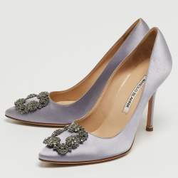 Pre Owned Manolo Blahnik Purple Satin Hangisi Crystal Embellished Pointed Toe Pumps Size 37.5